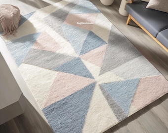 Hand Tufted Wool Rug: Pastel Geometric Abstract Area Carpet – Scandinavian Style