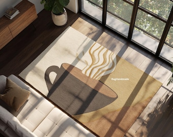 Coffee Cup Rug | Warm Brown, Beige Modern Art Carpet for Living Room Decor | Cozy Handmade Abstract Area Rug