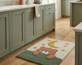 Cute Bear Moon Tufted Rug for Kids Room, Handmade Wool Nursery Area Rug with Star Design for Cozy Baby Decor