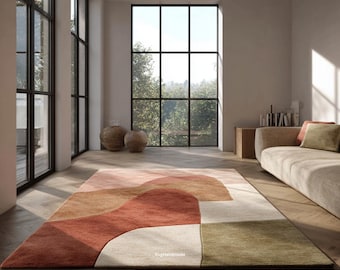 Terracotta Abstract Wool Rug | Modern Boho Handmade Carpet