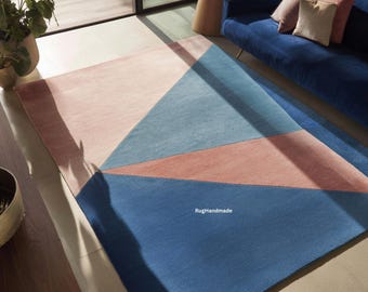 Geometric Wool Rug: Blue, Pink, Abstract Living Room Carpet
