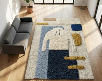 Minimalist Hoodie Design Tufted Rug, Handmade Wool Abstract Area Rug, Modern Aesthetic Carpet for Living Room Decor