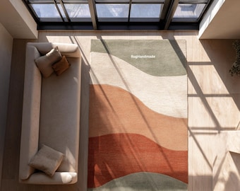 Wavy Area Rug | Sage Green Terracotta Abstract Design | Organic Modern Living Room Rug