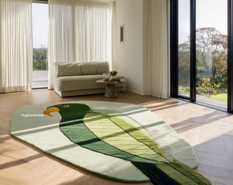 Hand-Tufted Wool Parrot Rug – Irregular Shape, Custom Bird Design