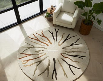 Hand-Tufted Wool Round Rug, Abstract Tree Branch Design, Modern Nature