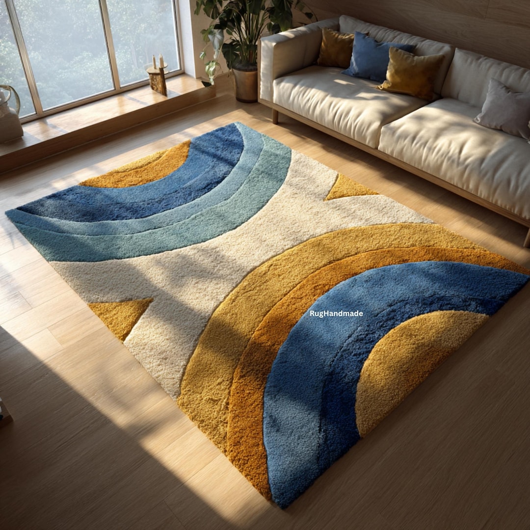 Arc Rug Blue, Gold Retro Arc Rug | Modern Wave Pattern Carpet | Soft Textured ...