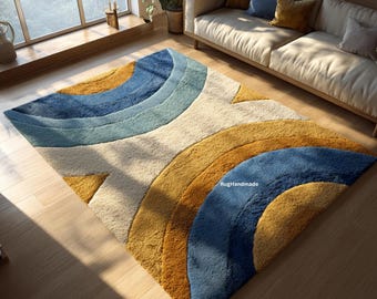 Blue, Gold Retro Arc Rug | Modern Wave Pattern Carpet | Soft Textured Living Room Decor | Handmade Colorful Area Rug