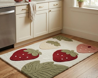 Strawberry Pattern Tufted Rug for Kitchen Decor, Handmade Wool Area Rug with Cute Fruit Design for Cozy Home Interior