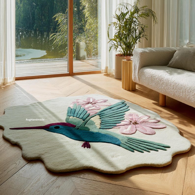 K&ouml;nnte beinhalten: Dekorativer Teppich mit einem Kolibri-Design. Der Teppich hat einen hellgr&uuml;nen Hintergrund mit einem gro&szlig;en Kolibri in T&uuml;rkis-, Blau- und Lilat&ouml;nen sowie rosa Blumen. Der Teppich liegt auf einem Holzboden.