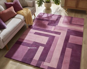 Hand Tufted Wool Rug: Modern Geometric Abstract Line Pattern, Blush Purple Contemporary Area Rug