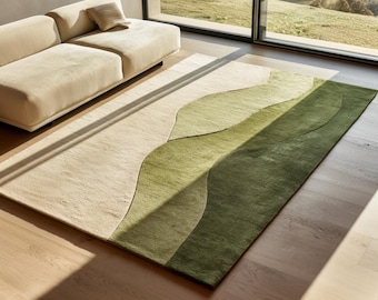 Grün & Beige Moderner Teppich | Abstrakter Handgewebter Teppich | Natur inspirierte Wohnzimmer Dekor