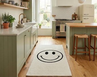 Smiley Face Tufted Rug, Minimalist Handmade Wool Area Rug, Cute Aesthetic Carpet for Bedroom Kitchen Dorm Decor