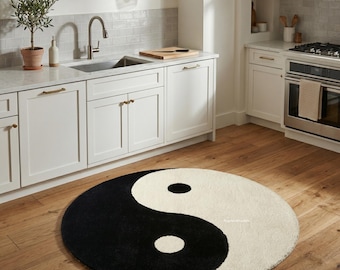 Yin Yang Tufted Rug, Handmade Wool Round Area Rug, Black White Zen Carpet for Meditation Yoga Room Decor
