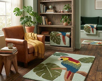 Colorful Parrot Tufted Rug with Tropical Leaf Design, Handmade Wool Area Rug for Boho Living Room or Kids Room Decor