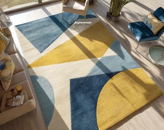 Hand Tufted Wool Rug: Geometric Abstract Blue Yellow Cream Contemporary Carpet