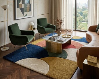Modern Abstract Tufted Rug with Bold Geometric Shapes, Luxury Handmade Wool Rug for Stylish Living Room Decor