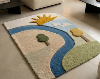 Kids Landscape Tufted Rug, Handmade Wool Area Rug with Sun River Design, Cute Nursery Carpet for Playroom Decor