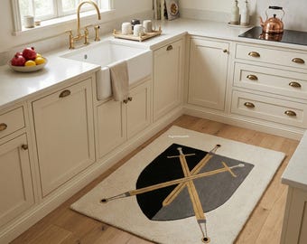 Medieval Sword Design Tufted Rug, Handmade Wool Area Rug with Shield Pattern for Unique Living Room or Studio Decor