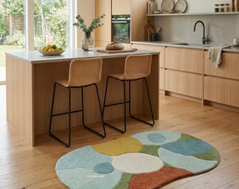 Abstract Flower Shape Tufted Rug, Handmade Wool Irregular Area Rug, Soft Pastel Modern Carpet for Kitchen Living Room