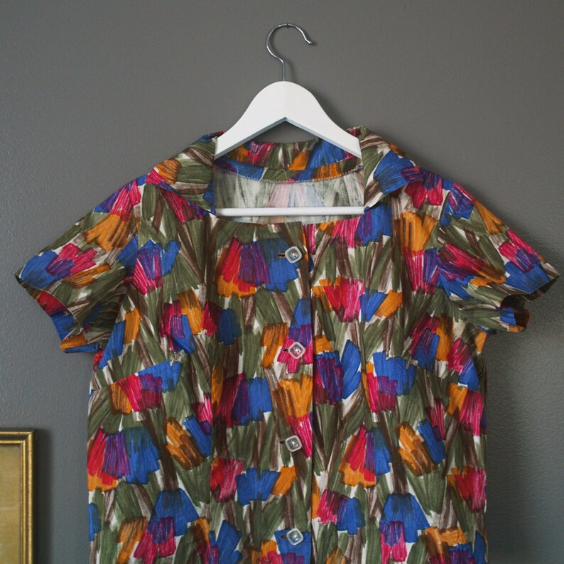 50s watercolor blouse vintage handmade print blouse short sleeve blouse large