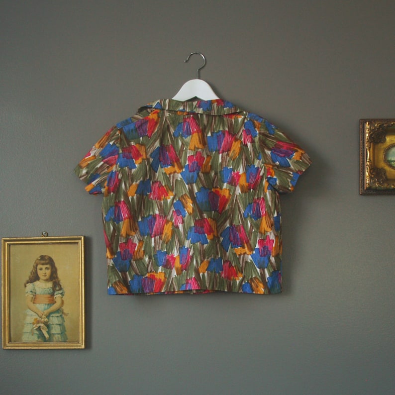 50s watercolor blouse vintage handmade print blouse short sleeve blouse large