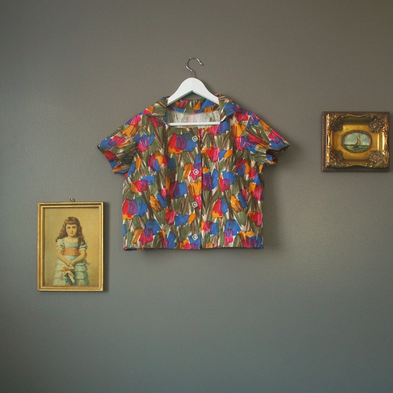 50s watercolor blouse vintage handmade print blouse short sleeve blouse large