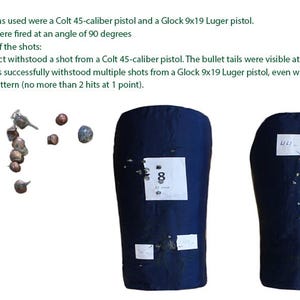 May include: Image of two navy blue ballistic shields with bullet impact marks and attached white labels. The image also shows bullet fragments and text describing the testing process and results.