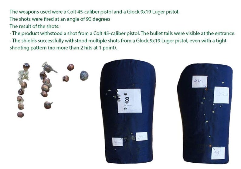 May include: Image of two navy blue ballistic shields with bullet impact marks and attached white labels. The image also shows bullet fragments and text describing the testing process and results.