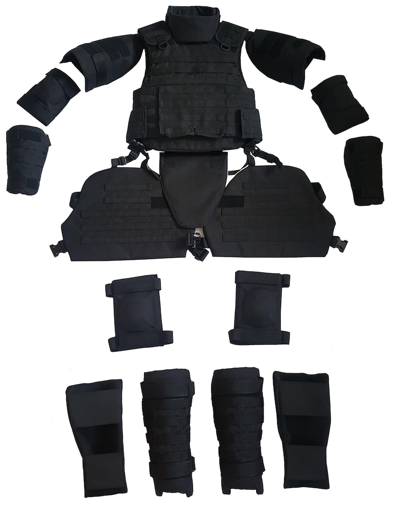 May include: A black tactical vest set, including a vest, shoulder pads, elbow pads, knee pads, and shin guards. The set is made of durable, heavy-duty material with adjustable straps and closures. The components are arranged separately.