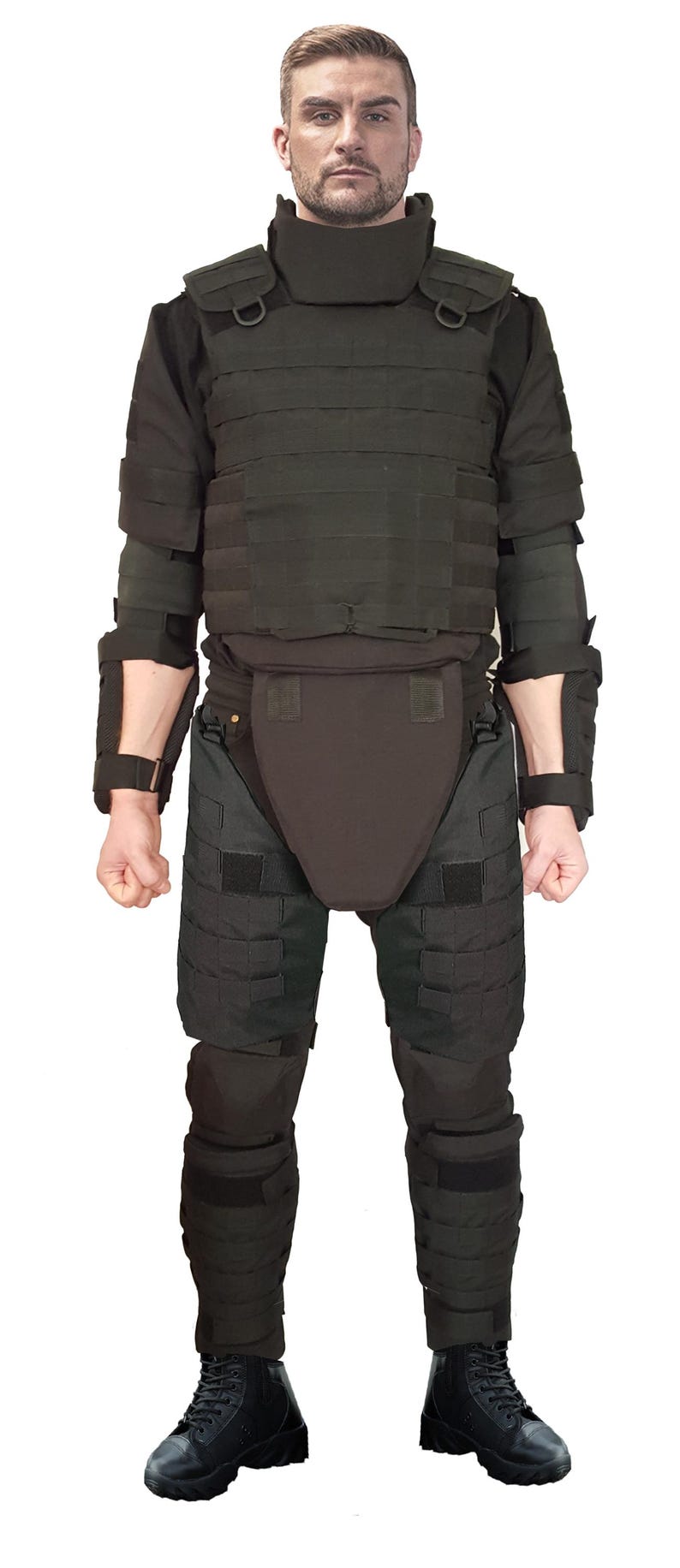 May include: Black tactical body armor set, including a vest, shoulder pads, arm guards, groin protector, and leg guards. The set is designed for protection and features multiple straps and panels. The person is wearing black combat boots.