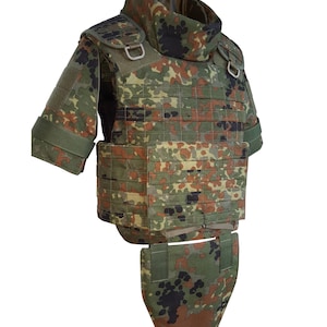 May include: A tactical vest featuring a camouflage pattern in shades of green, brown, and black. The vest includes a high collar, shoulder straps with metal D-rings, short sleeves, and a detachable groin protector panel attached to the front.
