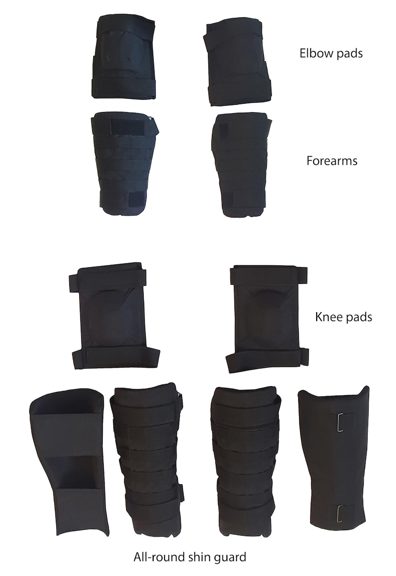 May include: Black protective gear set including elbow pads, forearm guards, knee pads, and all-round shin guards. Each item features a secure strap design for a snug fit. The image displays the protective gear against a white background.