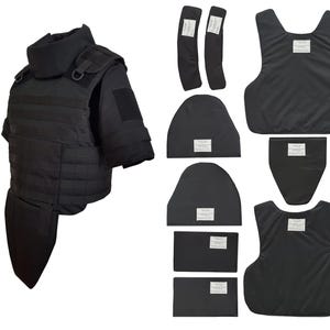 May include: A black ballistic vest and various protective panels. The vest has a high collar, shoulder straps, and multiple pockets. Additional components include arm protectors, chest and back panels, and groin protection.