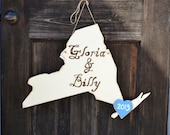 Wooden Wedding State Sign with Bride and Groom handpainted names - New York, Distressed Ivory - all states, many colors available