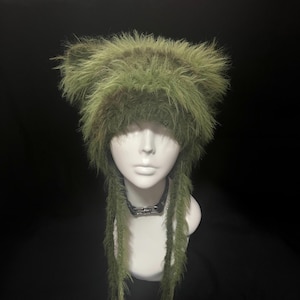 Cat Ear Forest Fairy Hat: Olive Green Hand-Crocheted