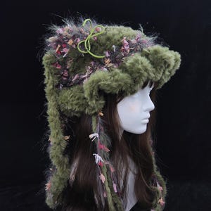Rabbit Ear Plush Hat: Handmade Green Floral Cozy Cap