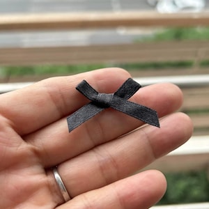 Könnte beinhalten: Eine kleine, schwarze Stoffschleife mit einem zentralen Knoten und zwei spitz zulaufenden Enden. Die Schleife besteht aus einem dünnen, gewebten Bandmaterial mit einer feinen Textur und hat eine klassische, symmetrische Form mit zwei Schlaufen.
