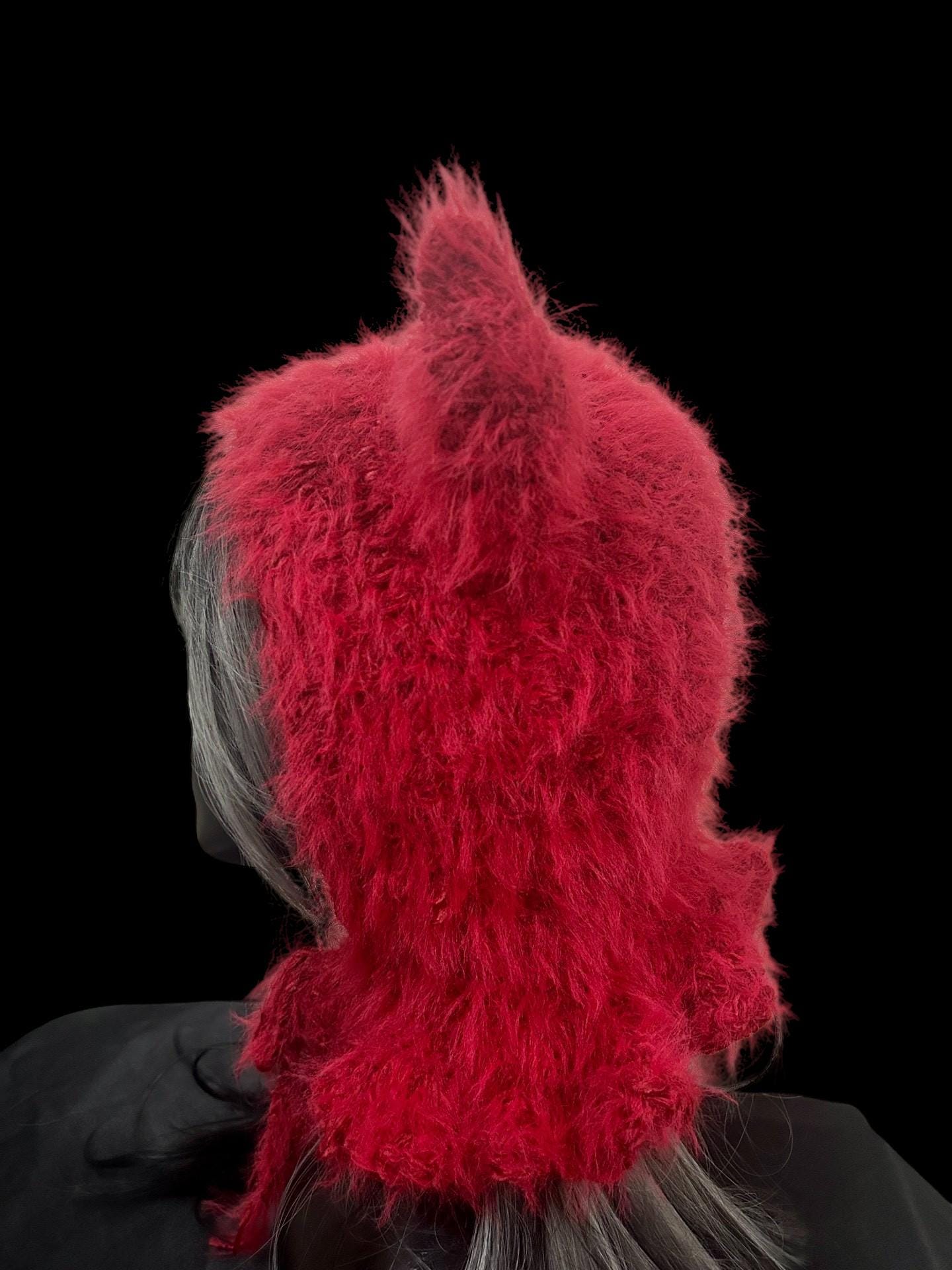 Red Plush Devil Ears Horror Hood Velvety Faux Fur Full Cover Hat NWT Devil Bonnet Horns Vintage Red Evil Hood Halloween Woman  main image 4