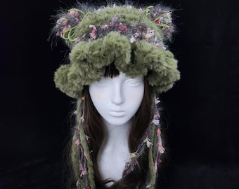 Floral Cat Ear Knit Hat - Soft Green & Adjustable