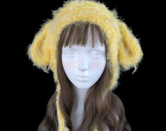 Gorro acogedor con orejas de cordero - Gorro de invierno tejido a mano en amarillo y naranja