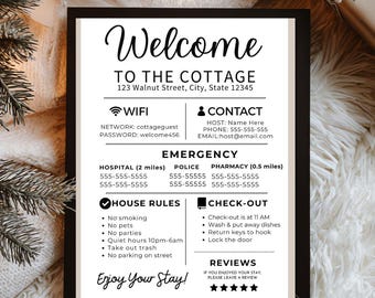 Plantilla editable de Canva para letrero de bienvenida de Airbnb, información para huéspedes de alquiler vacacional y normas de la casa.