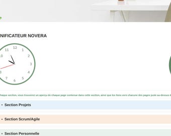May include: A digital planner interface with the text "PLANIFICATEUR NOVERA". The interface includes a clock, a weather icon showing 16 degrees, and section titles: "Section Projets", "Section Scrum/Agile", "Section Personnelle", and "Utilitaires".