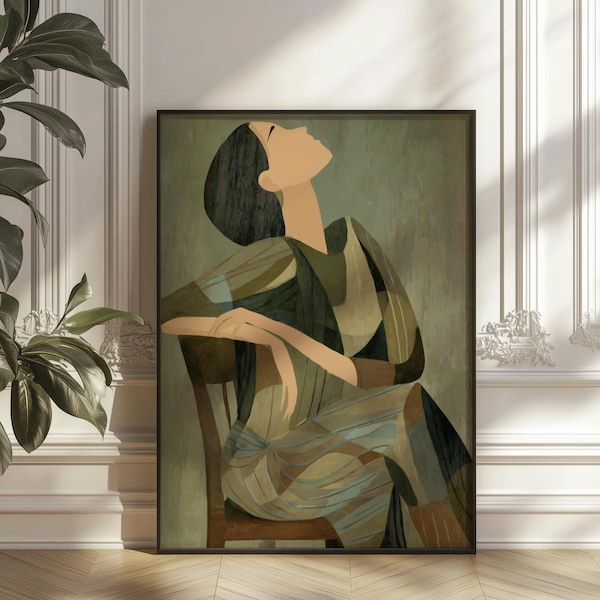 Stampa artistica astratta di donna: ritratto geometrico in stile Mid-Century Modern da appendere al muro.