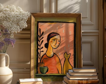 May include: An artistic still life featuring a framed painting of a woman and a cat, a vase of flowers, and a stack of books. The painting has a wooden frame and depicts a woman in an orange shirt. The vase is cream-colored, and the books are stacked on a wooden surface.