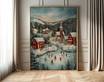 Lámina artística de patinaje sobre hielo en un pueblo navideño / Paisaje invernal vintage / Decoración navideña nostálgica para una casa de campo / Decoración festiva tradicional para el hogar
