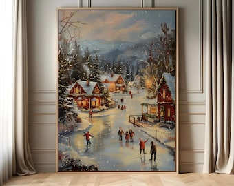 Lámina artística de patinaje sobre hielo en un pueblo navideño / Paisaje invernal vintage / Decoración navideña nostálgica para una casa de campo / Decoración festiva tradicional para el hogar