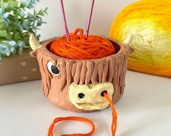 Fantasy-Themed Cow Head Yarn Bowl – Handmade Knitting & Crochet Organizer, Highland Cow Design