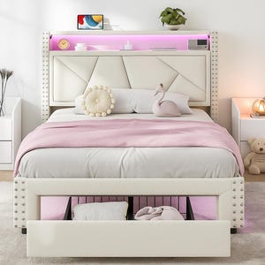 Handmade Twin Upholstered Platform Bed Frame with LED Lights, Charging Station & Storage Headboard