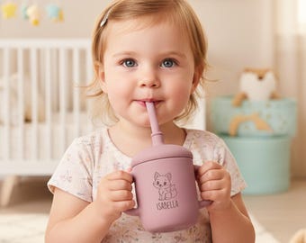 Custom Baby Cup with Straw, Custom Silicone Sippy Cup, Engraved Cup with Handle, Perfect 1st Birthday or Baby Shower Gift, Christmas Gift