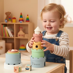 Puede incluir: Un niño juega con un castillo de juguete apilable multicolor. El castillo está hecho de tazas de silicona suave de colores pastel. La base del castillo tiene el nombre "Florence" impreso. También hay bloques de madera con números e imágenes en la mesa.